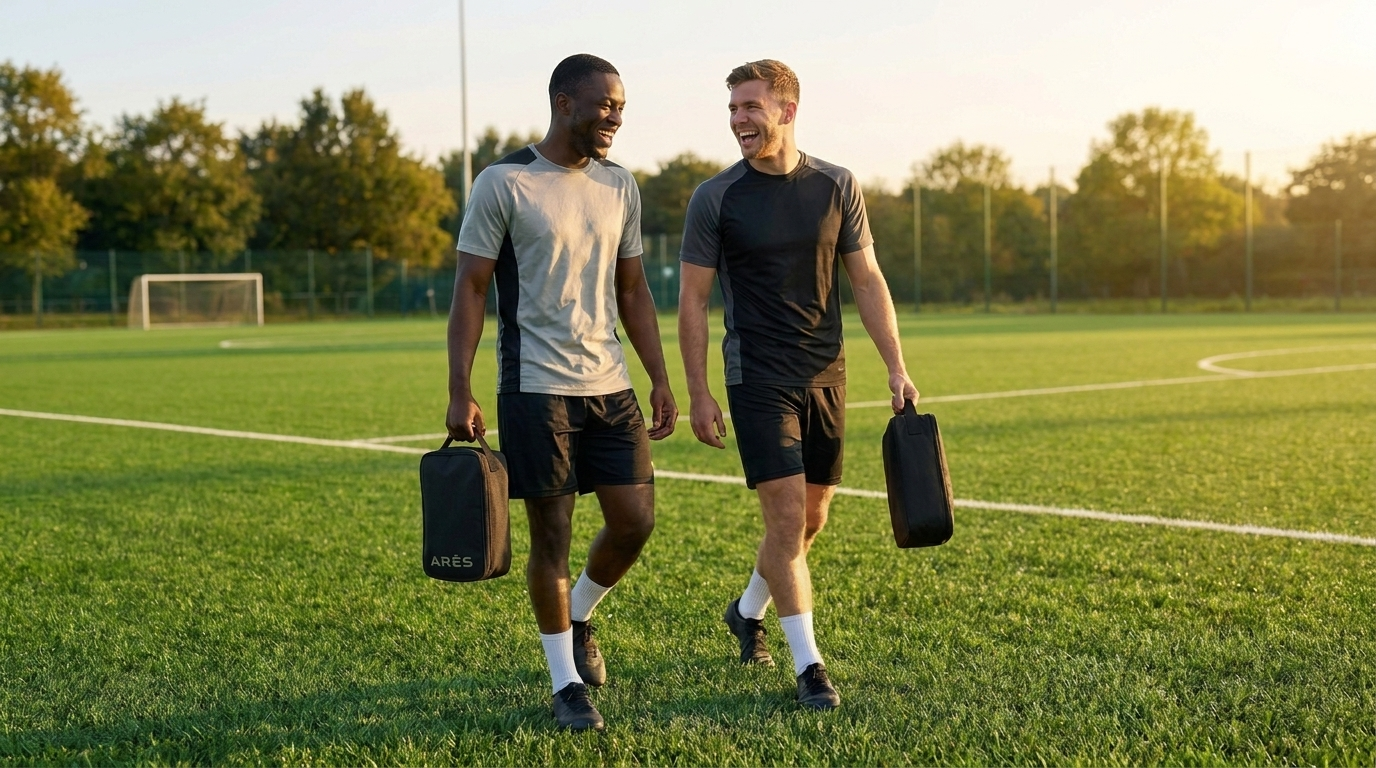 Athletes carrying Arès bags on a football pitch